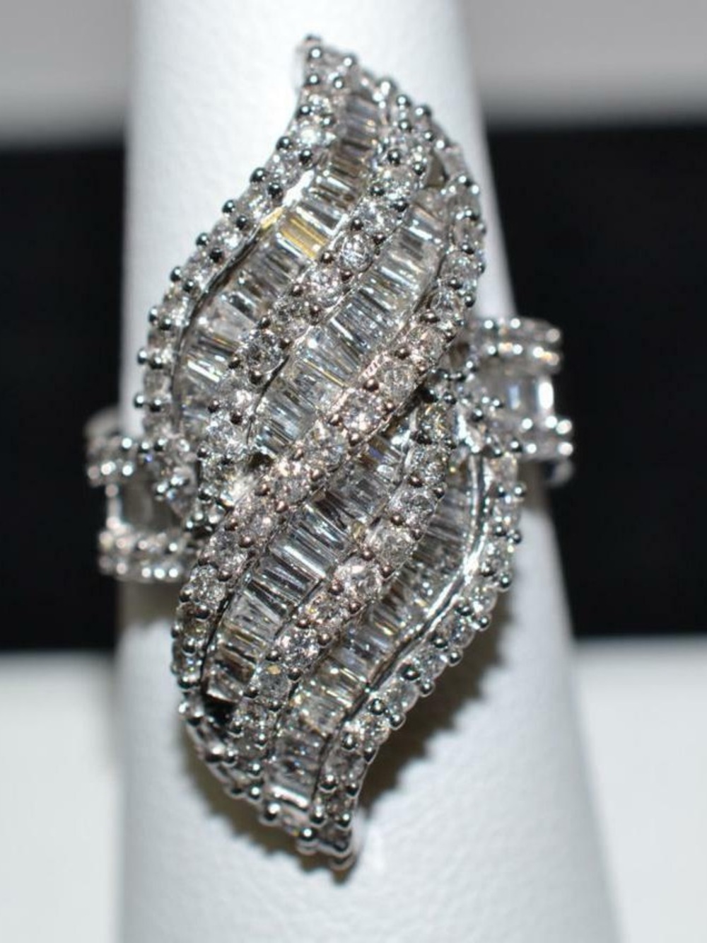 RARE Certified 14K White Gold Natural Diamond Cocktail Waterfall Ring